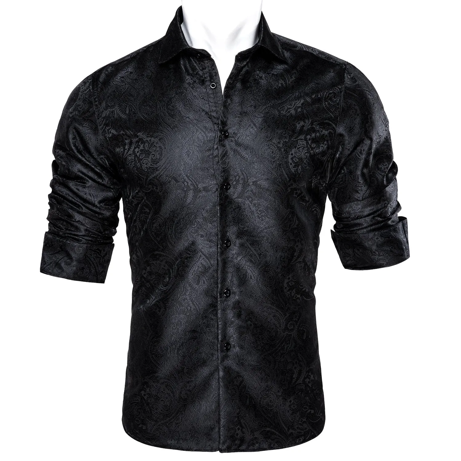 Ties2you Button Down Shirt Black Paisley Silk Men's Long Sleeve Shirt