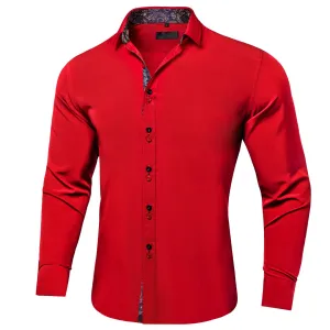 Ties2you Men's Dress Shirt Red Black Paisley Stitching Silk Long Sleeve Shirt