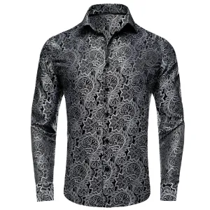 Ties2you Men's Shirt Black White Jacquard Floral Silk Shirt