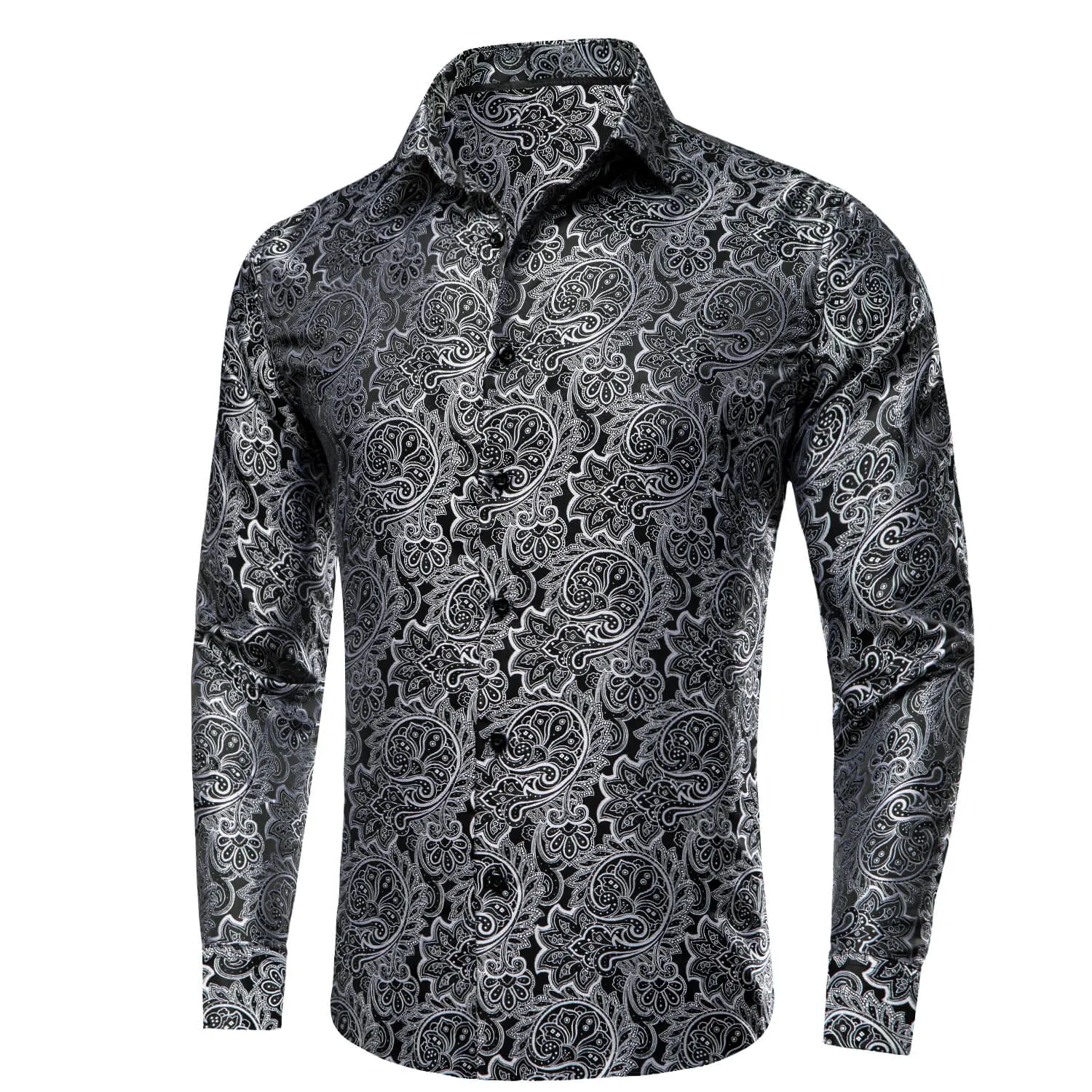 Ties2you Men's Shirt Black White Jacquard Floral Silk Shirt