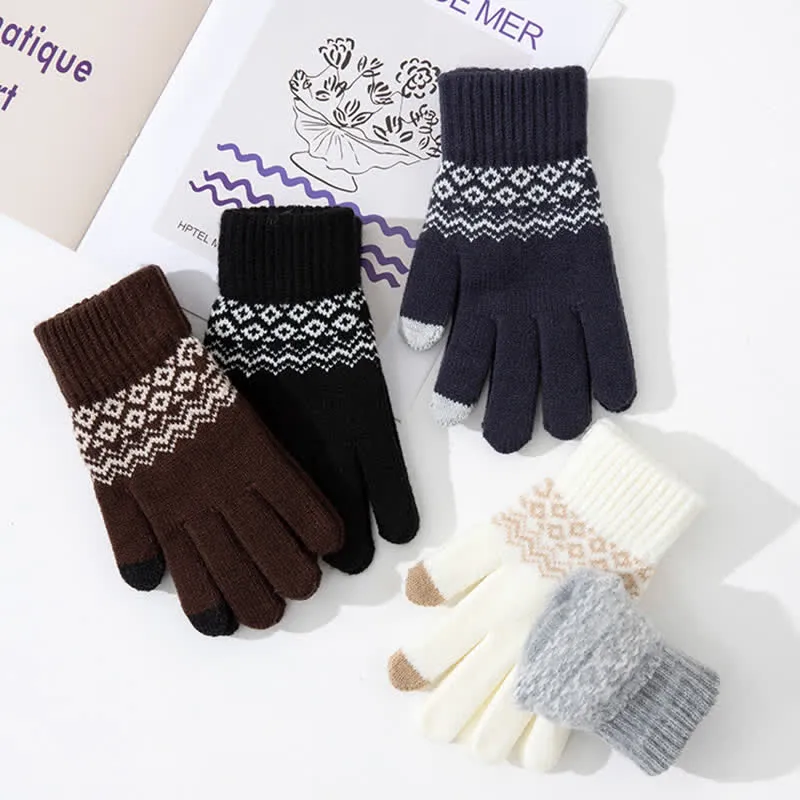 Wave Print Touch Screen Warm Plus Velvet Knitted Gloves