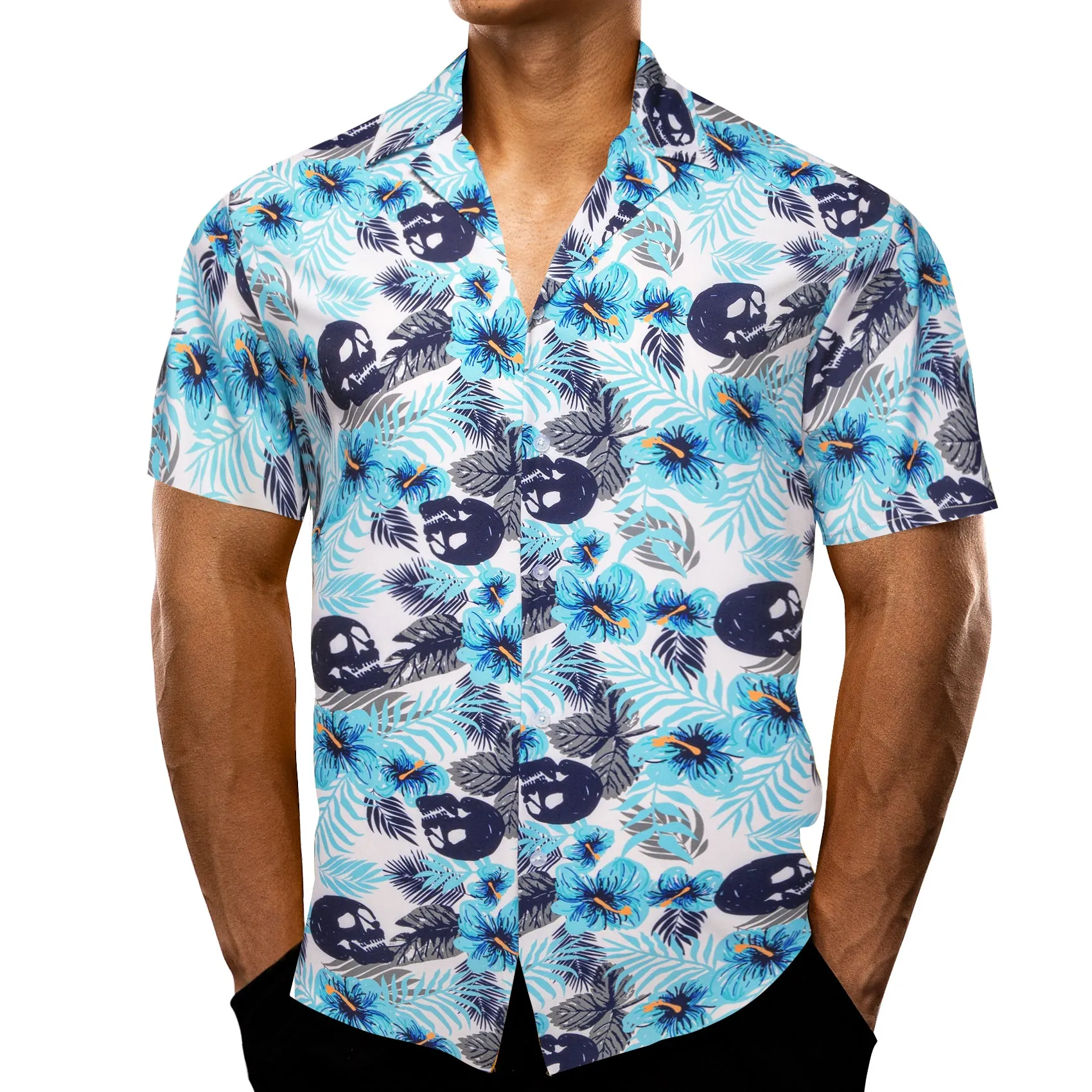 White Blue Teal Leaves Novelty Men's Short Sleeve Summer Shirt