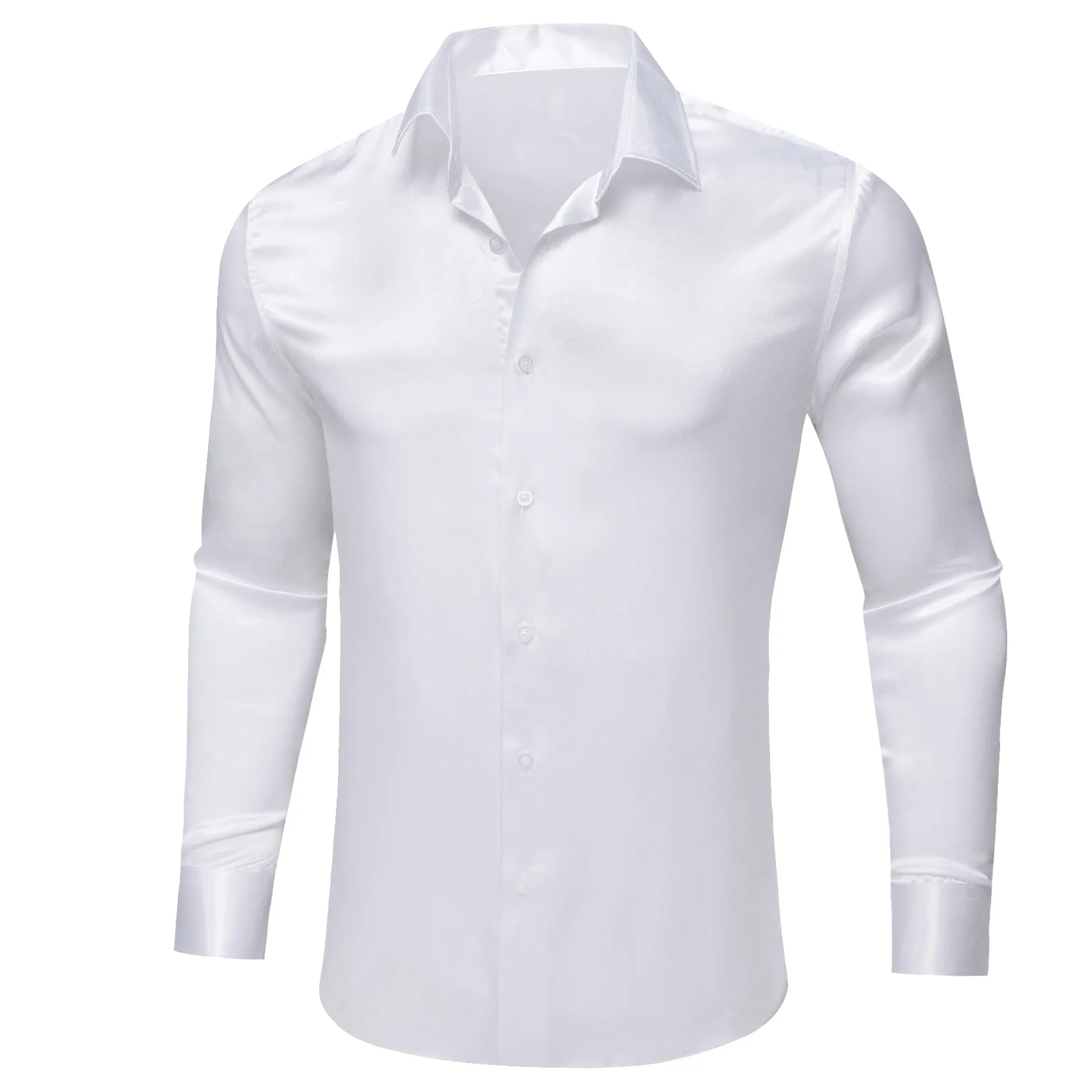 White Satin Solid Silk Men's Long Sleeve Shirt