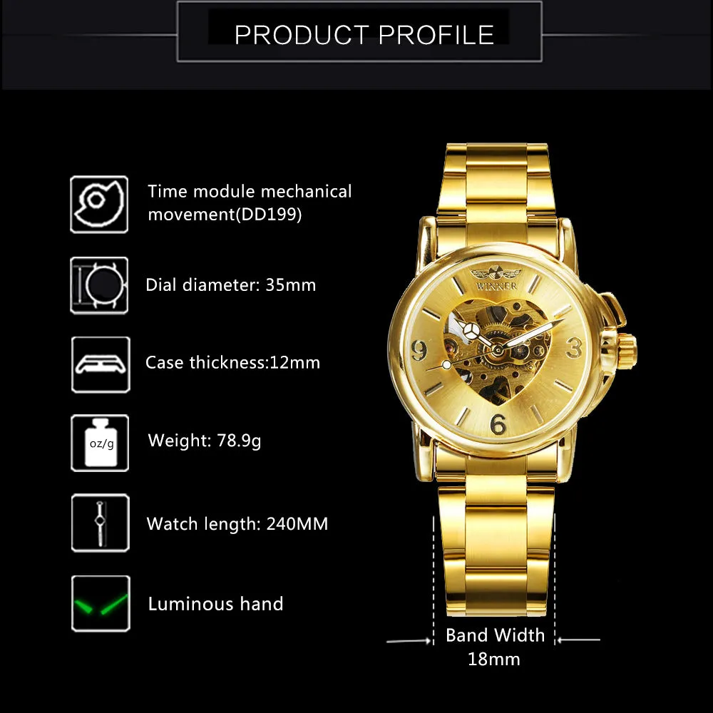 WINNER Women's Watch Love Hollow Automatic Mechanical Watch Elegant Stainless Steel Strap Watch