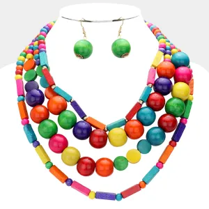 Wooden Beaded Multi Layered Necklace and matching earring